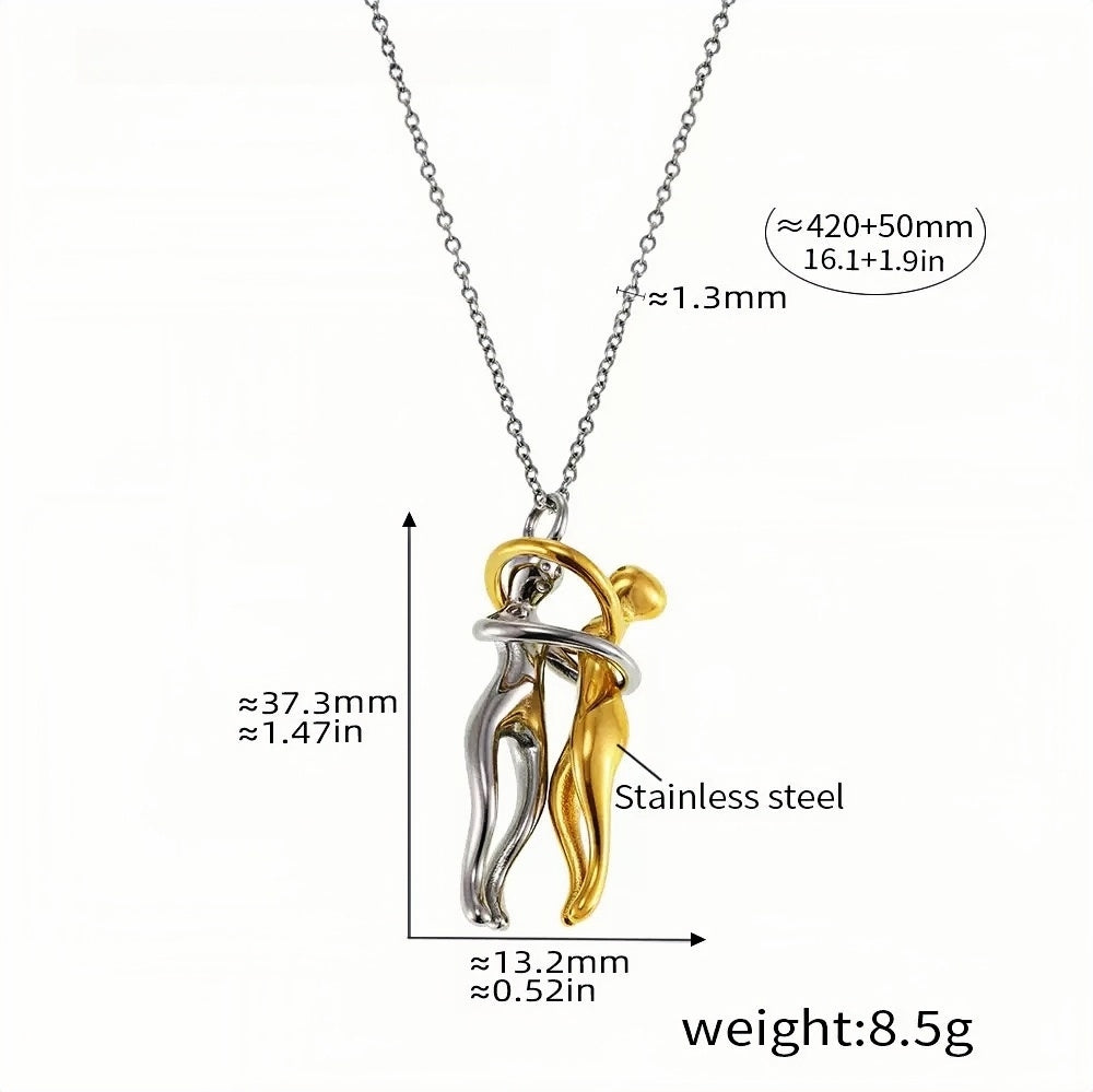 Couple Embrace Pendant Necklace Dual-Tone Stainless Steel Hugging Lovers Pendant 16.1''+1.9'' Chain, 8.5g