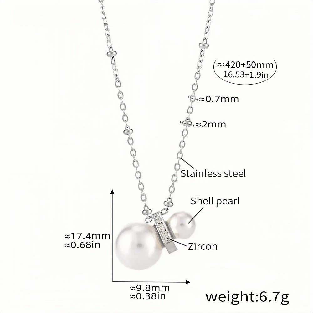 Silver Chain Necklace with Shell Pearls & Zircon Accents 16.5''+1.9'' Adjustable Stainless Steel Elegant Gift for Women