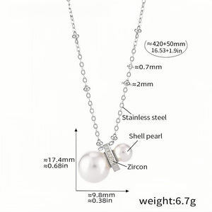 Silver Chain Necklace with Shell Pearls & Zircon Accents 16.5''+1.9'' Adjustable Stainless Steel Elegant Gift for Women