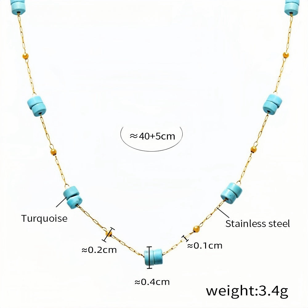 Dainty Turquoise Bead Necklace for Women 18K Gold Plated Stainless Steel Chain, 40+5cm Adjustable Minimalist Boho Jewelry Lig