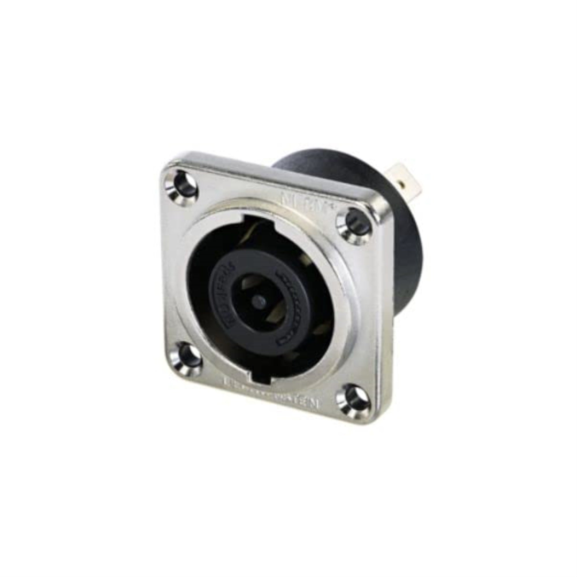 Speakon 8 Pole Male Chassis Connector, Metal Square G-Size Housing, Countersunk Thru Holes, 1/4-In Flat Tabs