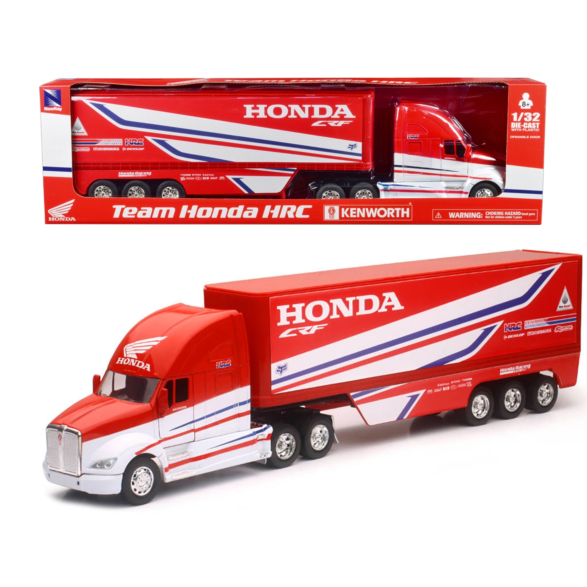 Kenworth Semi-Truck Red And White Team Honda Hrc 1/32 Diecast Model By New Ray