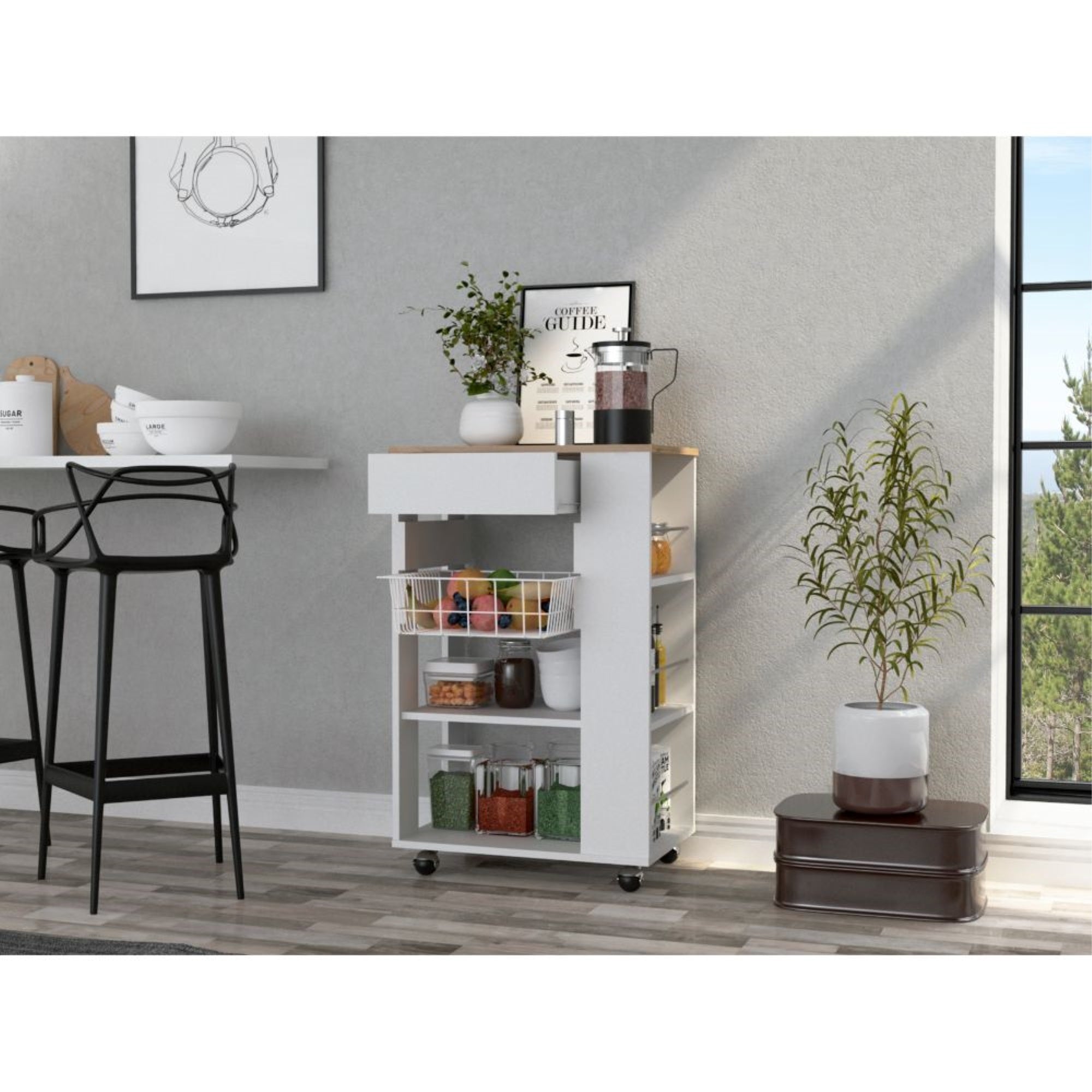 Tuhome Blosson Kitchen Cart, One Drawer, Two Open Shelves, Rack, Four Caster Wheels-White-Light Oak, For Kitchen Room