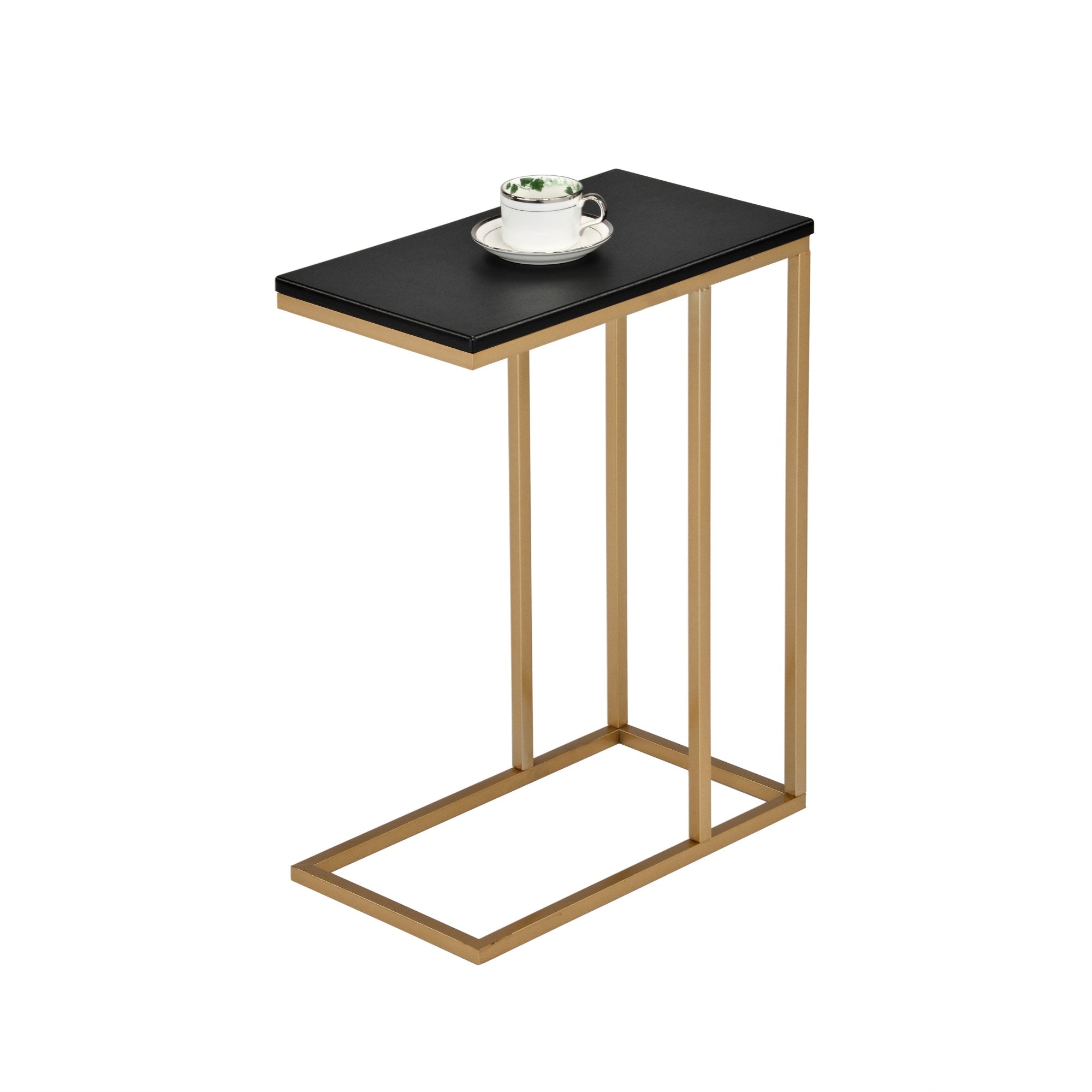 Fresnay C Shaped Modern Accent Sofa Side Table, Gold Metal & Black Wood