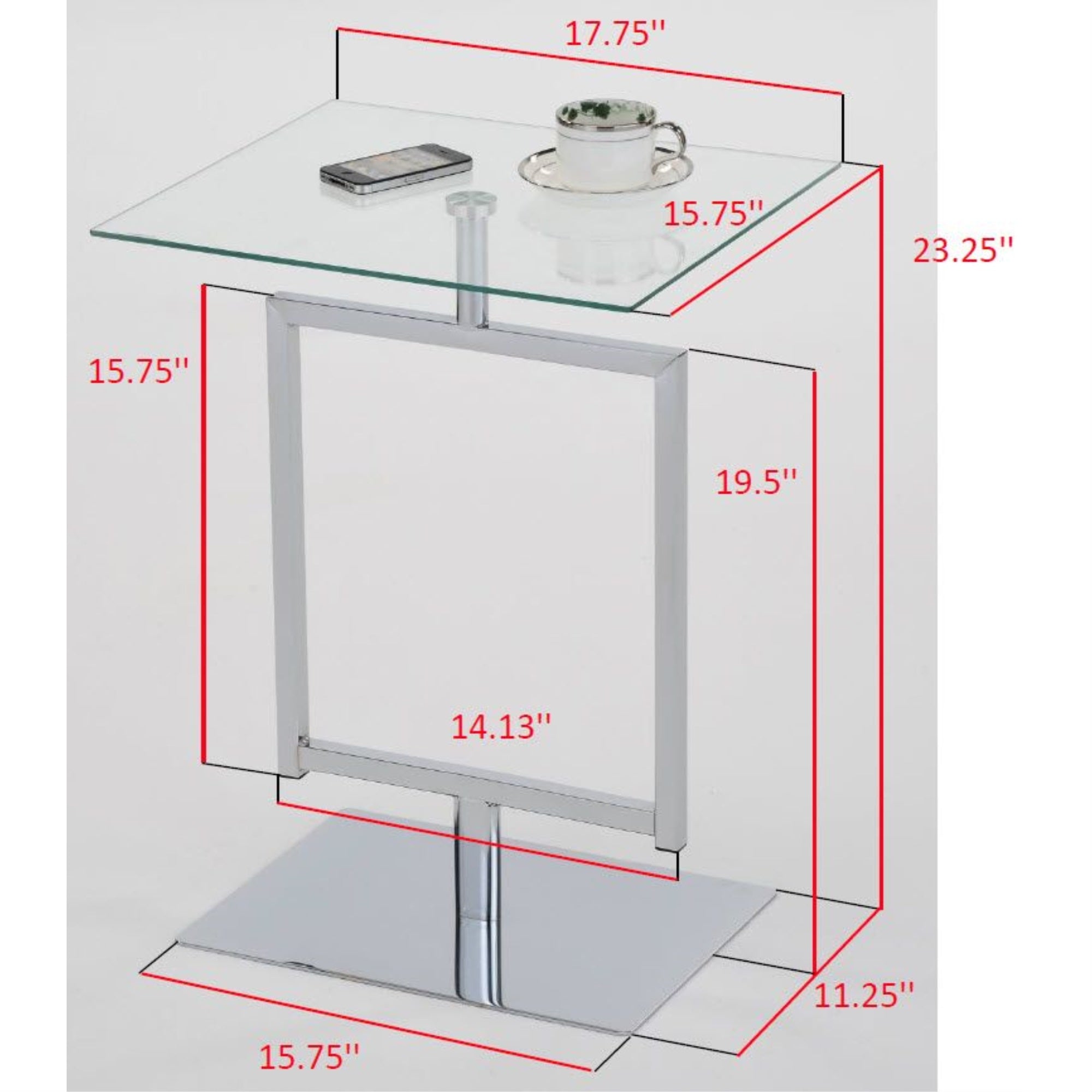 Doolins Modern Accent Side End Table, Chrome Metal Frame & Tempered Glass Top
