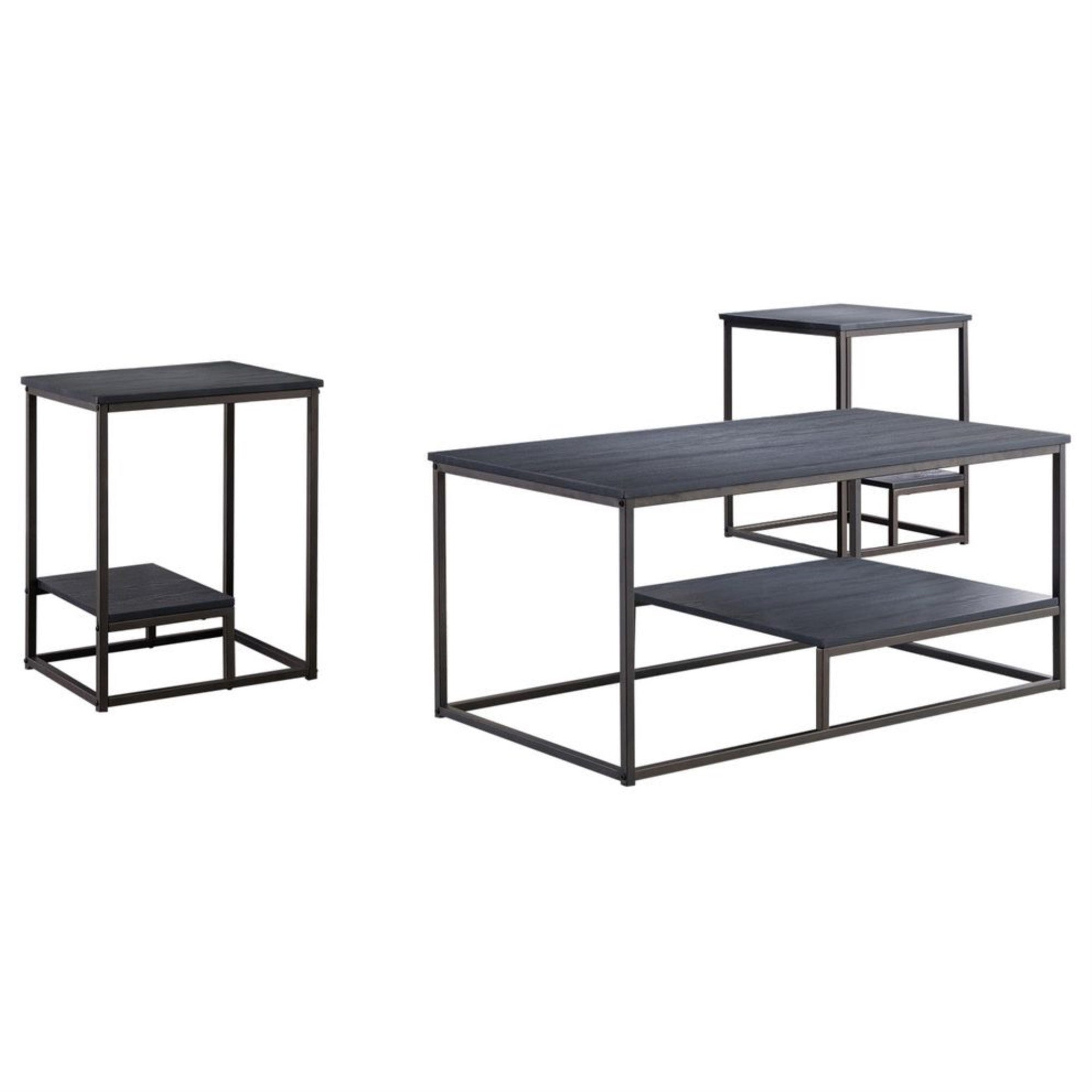 Nibley 3 Piece Occasional Table Set With Storage, Pewter Wood Top & Black Metal Frame (Cocktail Coffee Table & 2 End Tables)