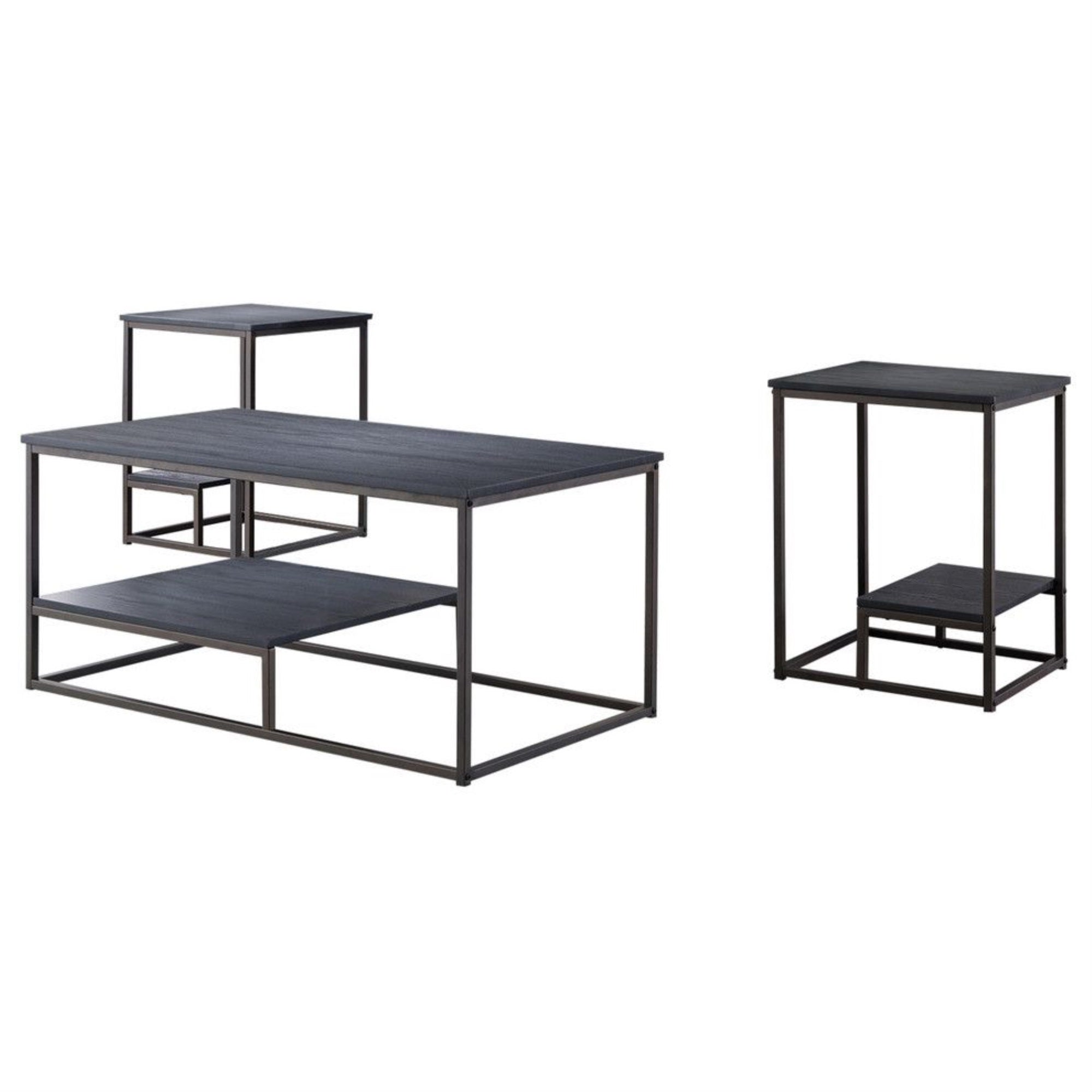 Nibley 3 Piece Occasional Table Set With Storage, Pewter Wood Top & Black Metal Frame (Cocktail Coffee Table & 2 End Tables)
