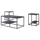 Nibley 3 Piece Occasional Table Set With Storage, Pewter Wood Top & Black Metal Frame (Cocktail Coffee Table & 2 End Tables)