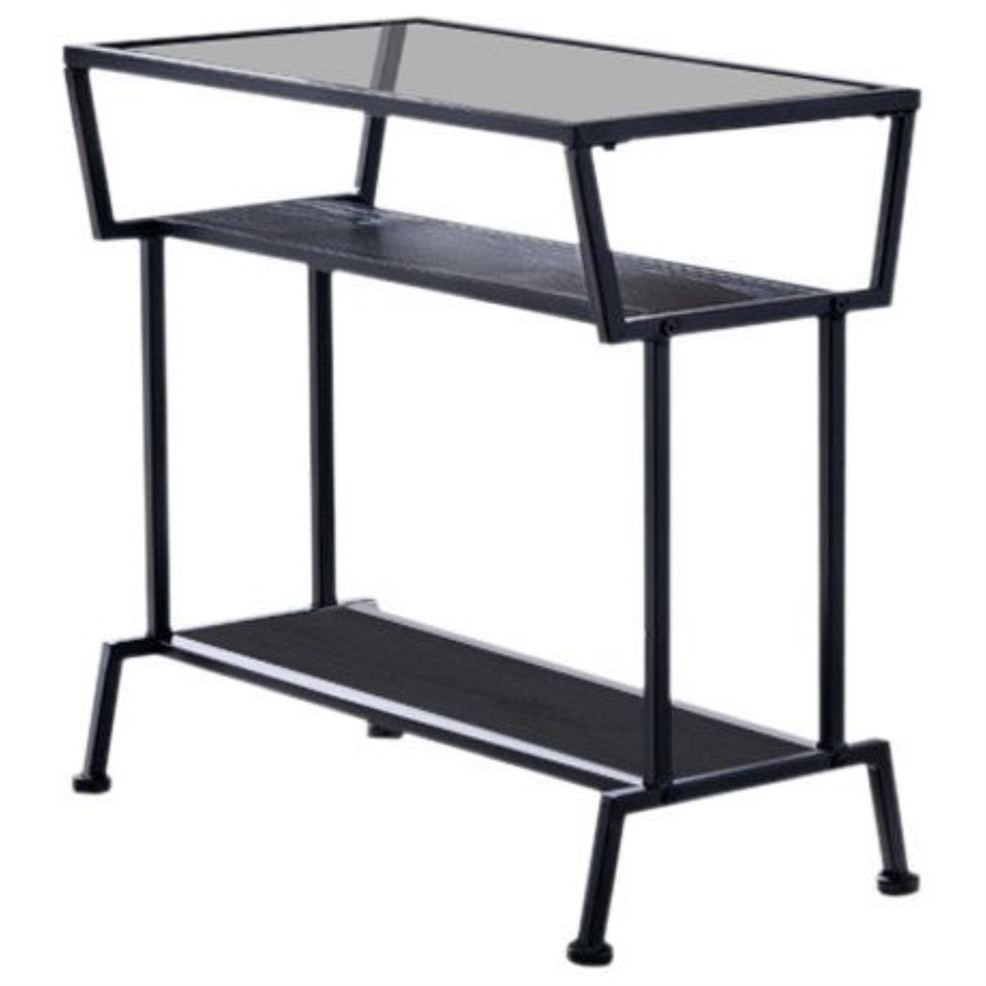 Davos Accent Side Table, Black Metal Frame & Tempered Glass Top With Wood Storage Shelves, Transitional