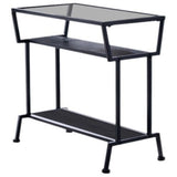 Davos Accent Side Table, Black Metal Frame & Tempered Glass Top With Wood Storage Shelves, Transitional