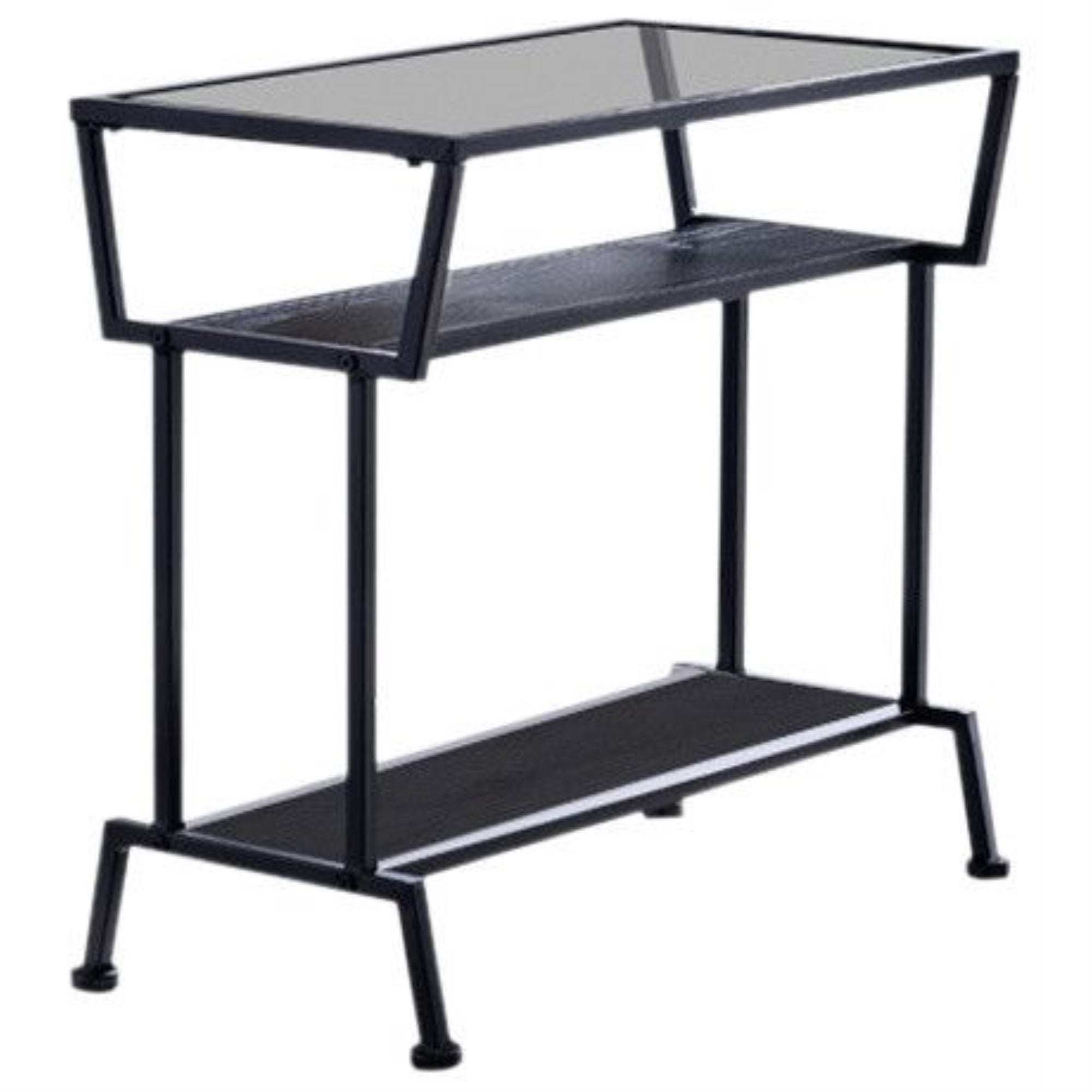 Davos Accent Side Table, Black Metal Frame & Tempered Glass Top With Wood Storage Shelves, Transitional