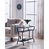 Davos Accent Side Table, Black Metal Frame & Tempered Glass Top With Wood Storage Shelves, Transitional