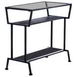 Davos Accent Side Table, Black Metal Frame & Tempered Glass Top With Wood Storage Shelves, Transitional