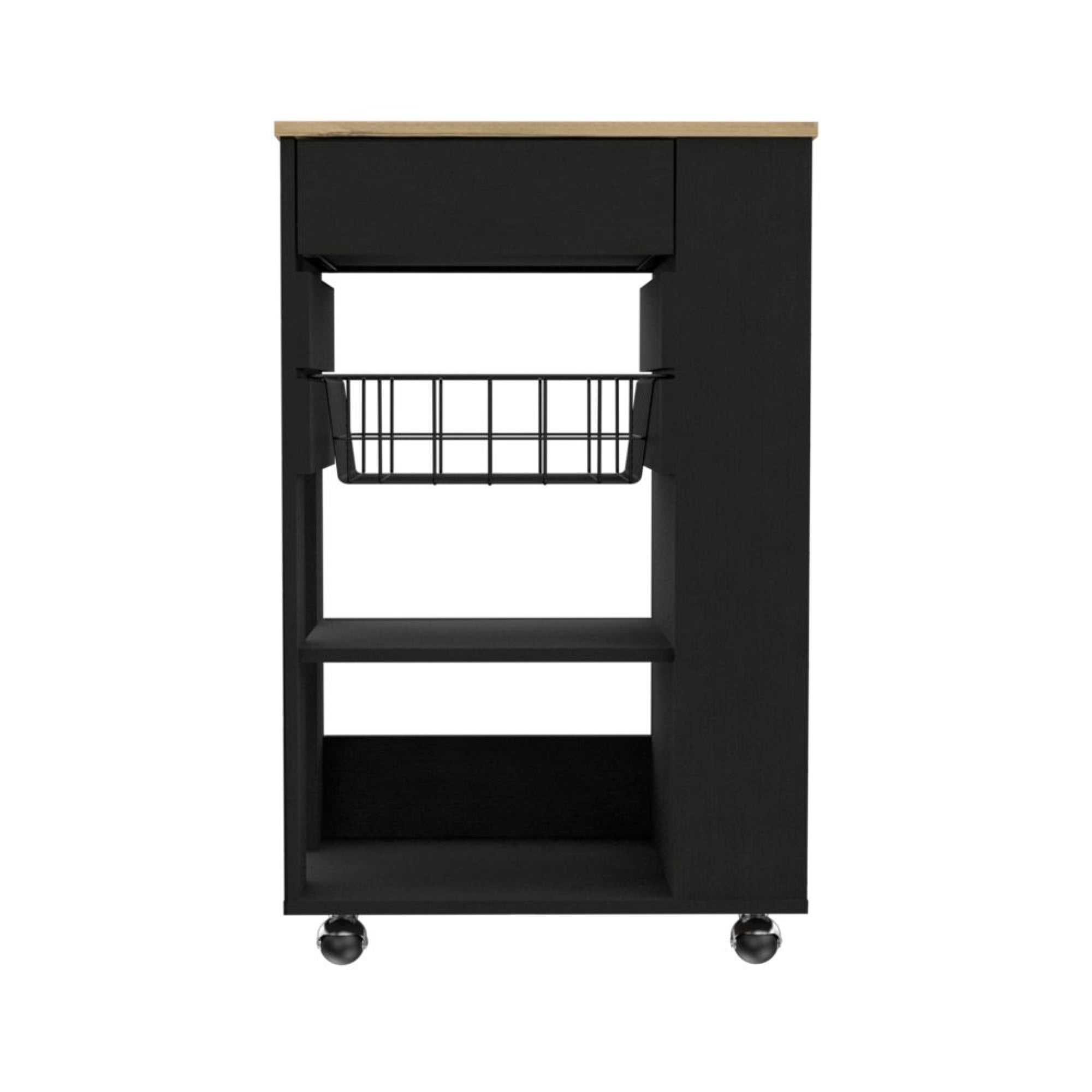 Tuhome Blosson Kitchen Cart, One Drawer, Two Open Shelves, Rack, Four Caster Wheels-Black-Light Oak, For Kitchen Room