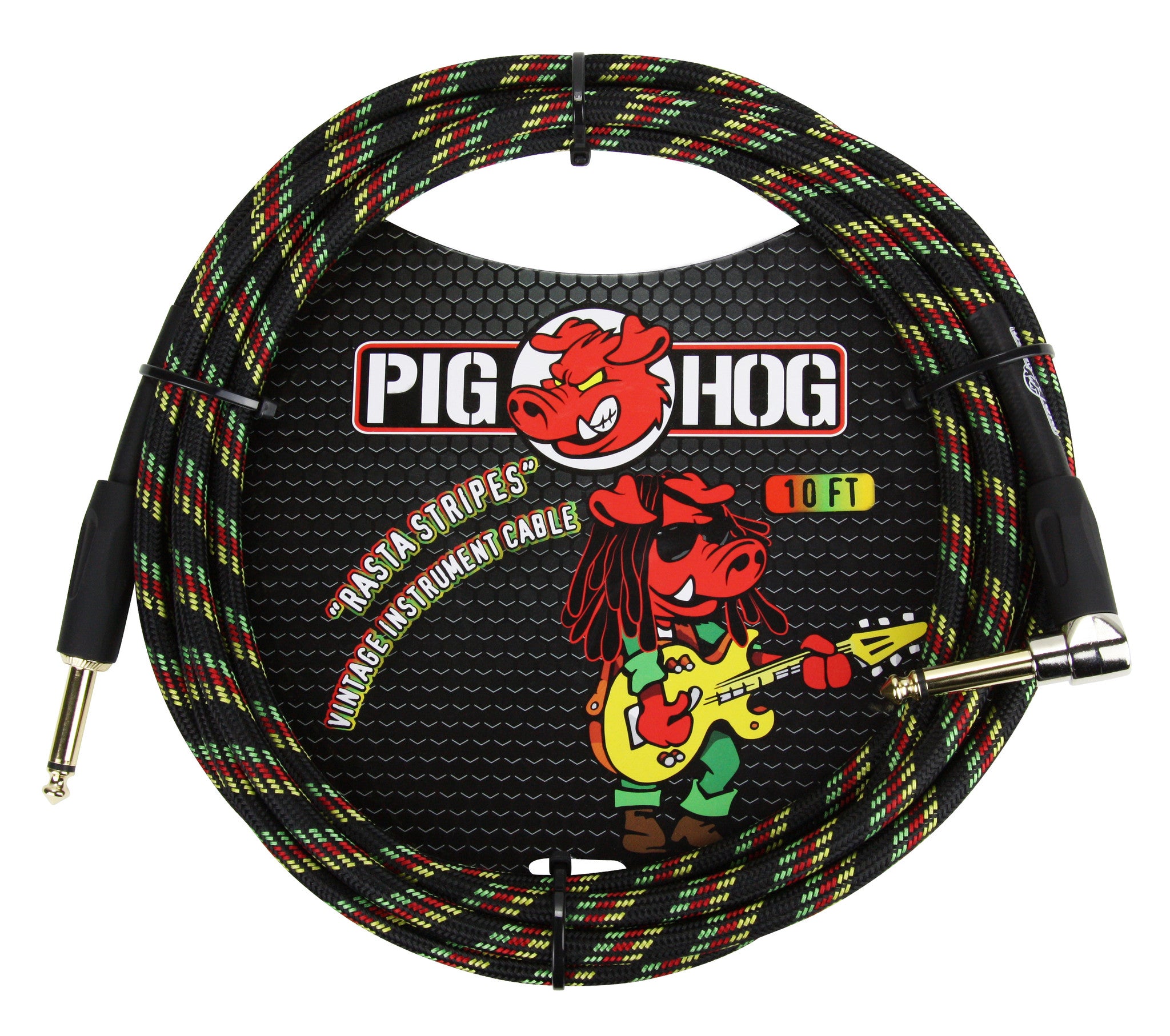 Pig Hog ''Rasta Stripes'' Woven Jacket Tour Grade Instrument Cable, 20-Foot Right Angle