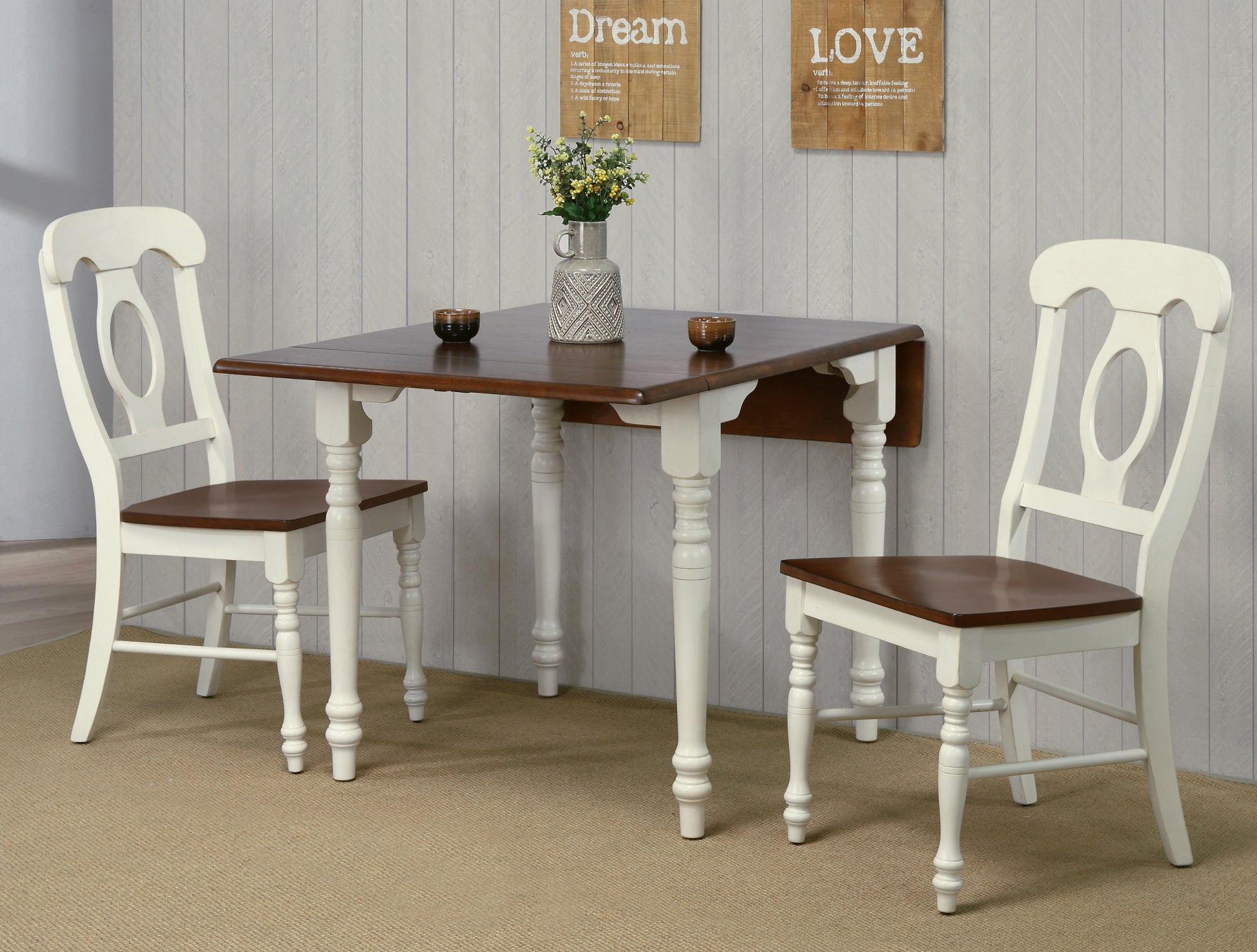 Sunset Trading Andrews 3 Piece 48 Rectangular Dining Set | Expandable Drop Leaf Table | Antique White/Chestnut Brown Wood | Na