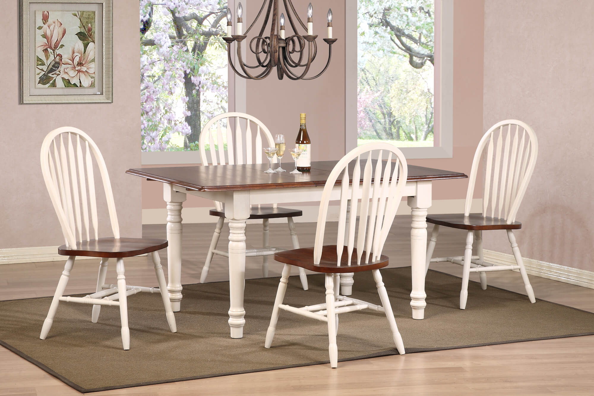 Sunset Trading Andrews 5 Piece 60 Rectangular Extendable Dining Set | Windsor Arrowback Windsor Chairs | Butterfly Leaf Table