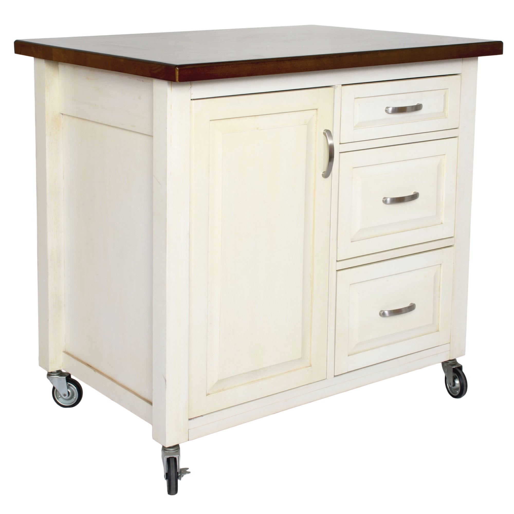 Sunset Trading Andrews Kitchen Cart | Three Drawers | Adjustable Shelf Cabinet | Distressed Antique White And Chestnut