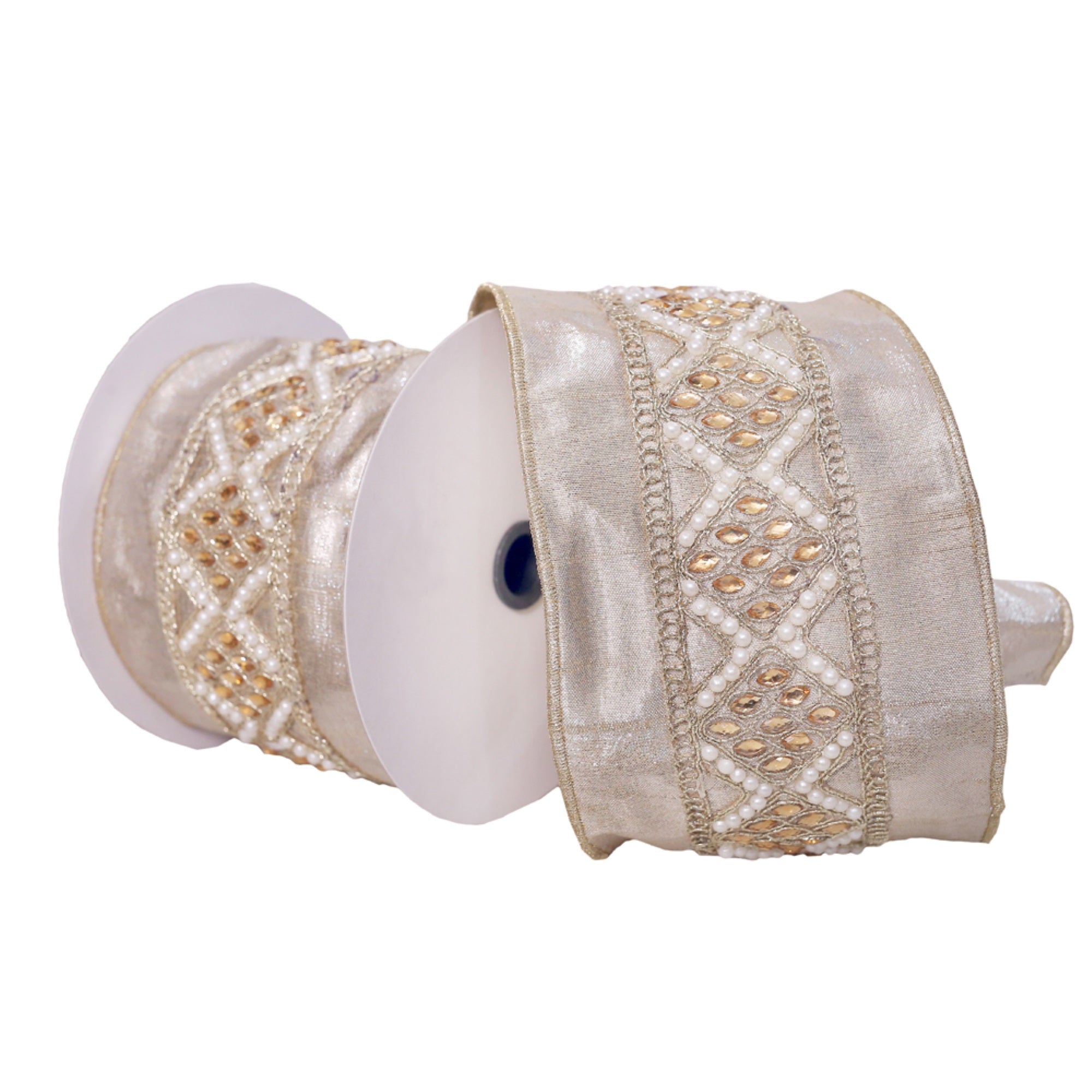 Vickerman 4 X 5 Yards Champagne With Pearls And Gold Jewels Wired Edge Christmas Ribbon.