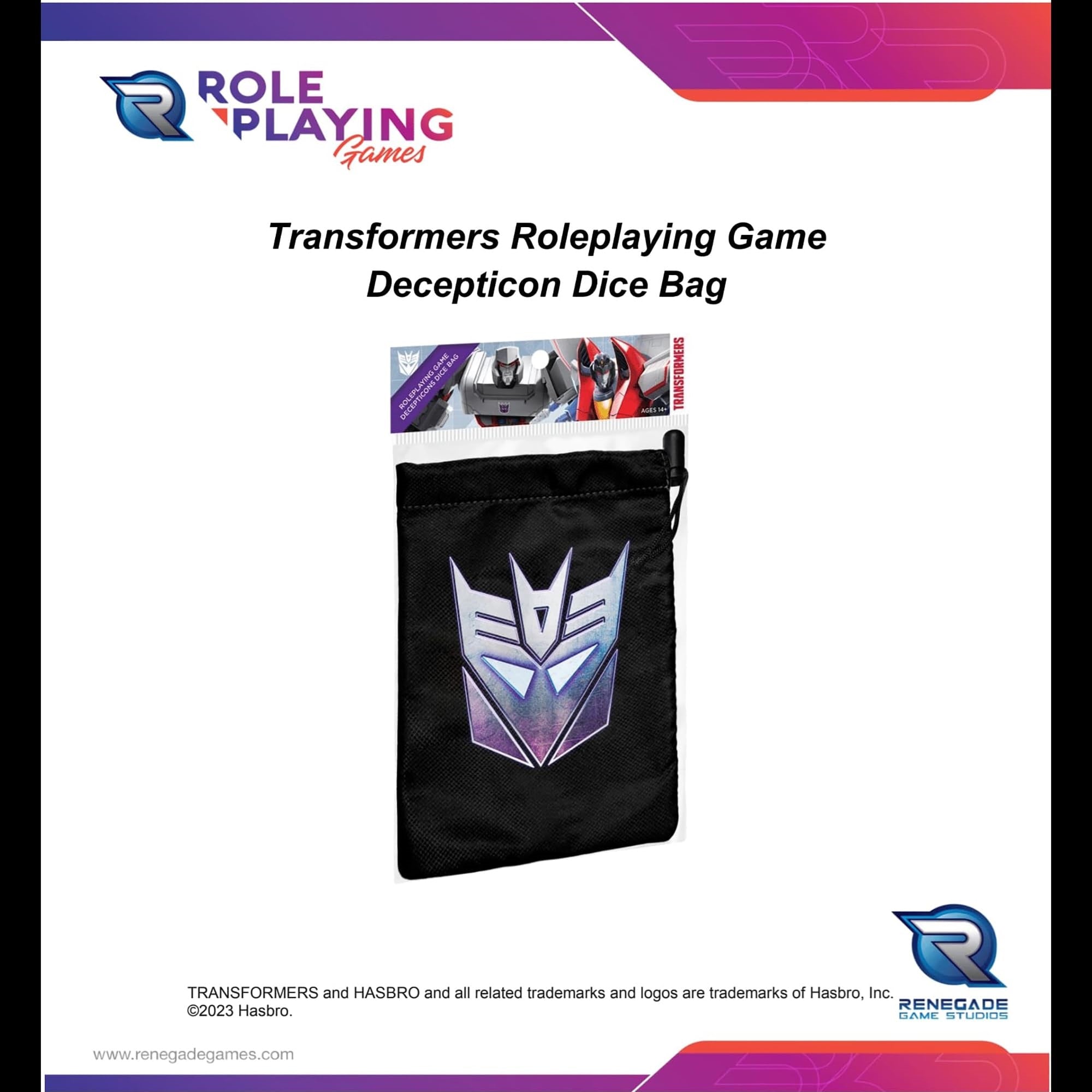 Renegade Game Studios: Transformers Rpg Decepticon Dice Bag - Roleplaying Game Accessory, Locking Drawstring Double-Lined Fabr