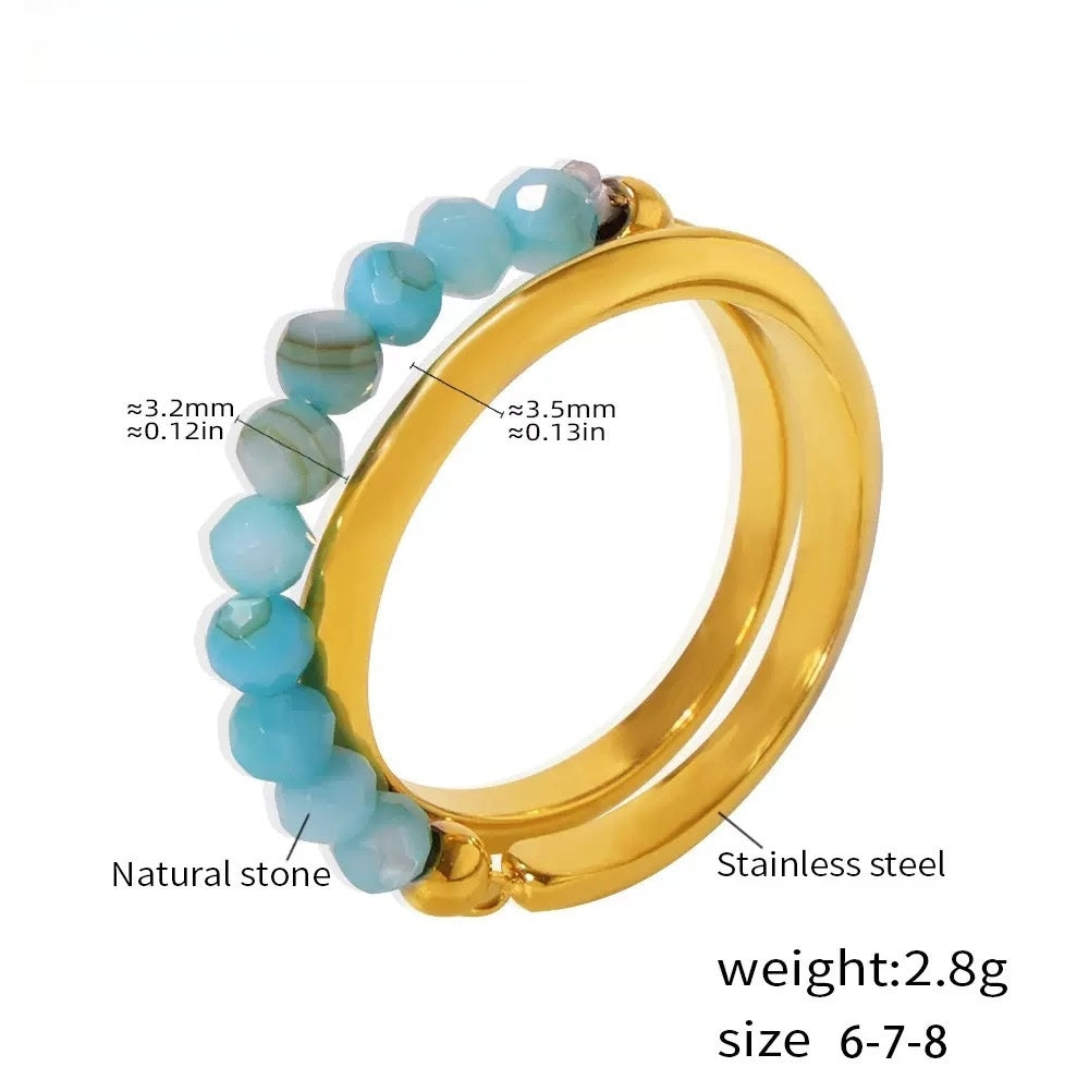 Gold Stainless Steel Beaded Ring Natural Turquoise-Look Stones Minimal Boho Design, Sizes 7