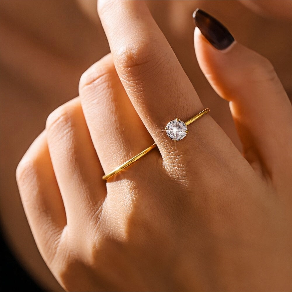 Minimalist Gold Open Ring for Women Dainty Stainless Steel Band with Sparkling Zircon Stone, Adjustable Size 7, Lightweight Des