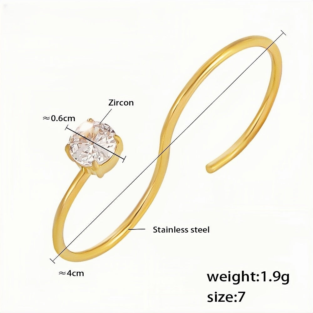 Minimalist Gold Open Ring for Women Dainty Stainless Steel Band with Sparkling Zircon Stone, Adjustable Size 7, Lightweight Des