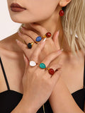 Stainless Steel Statement Ring with Teardrop Black Resin - Modern Minimalist Band for Women - Size 7