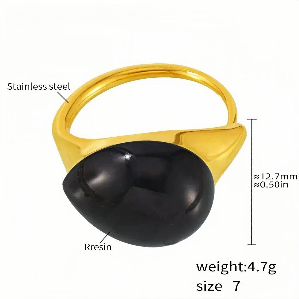 Stainless Steel Statement Ring with Teardrop Black Resin - Modern Minimalist Band for Women - Size 7