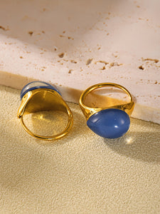 Stainless Steel Statement Ring with Teardrop Blue Resin - Modern Minimalist Band for Women - Size 7