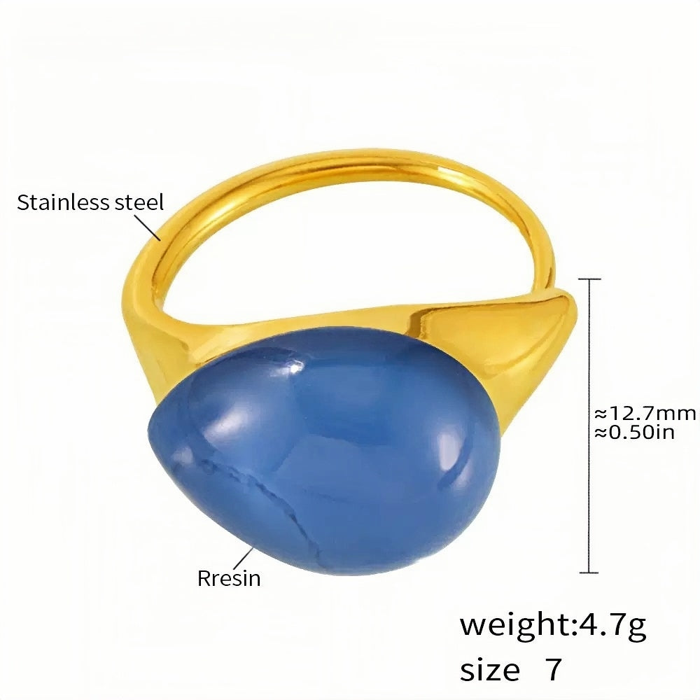 Stainless Steel Statement Ring with Teardrop Blue Resin - Modern Minimalist Band for Women - Size 7