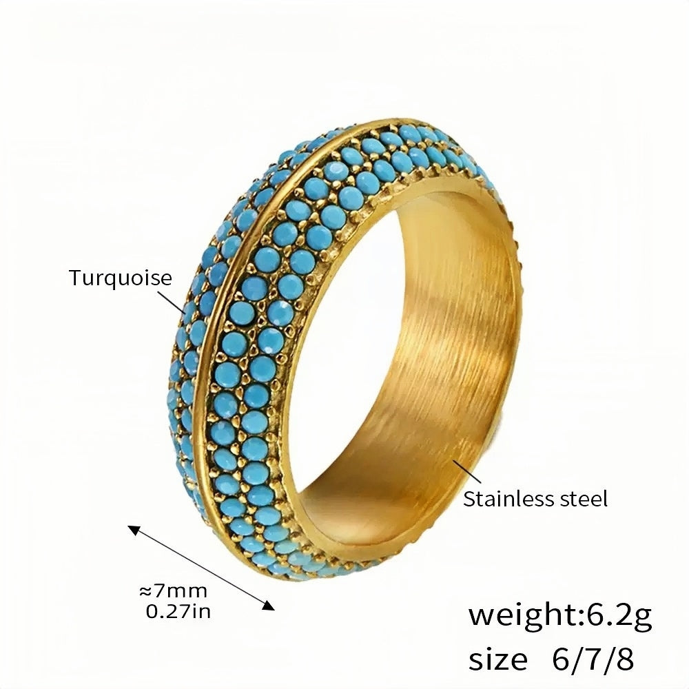 Uworld Stainless Steel Band Ring with Simulated Turquoise - Stackable Beaded Design for Women - Sizes 6