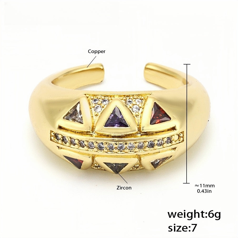 Copper Open Cuff Ring with Geometric Zircon Accents - Adjustable Statement Band for Women - Size 7