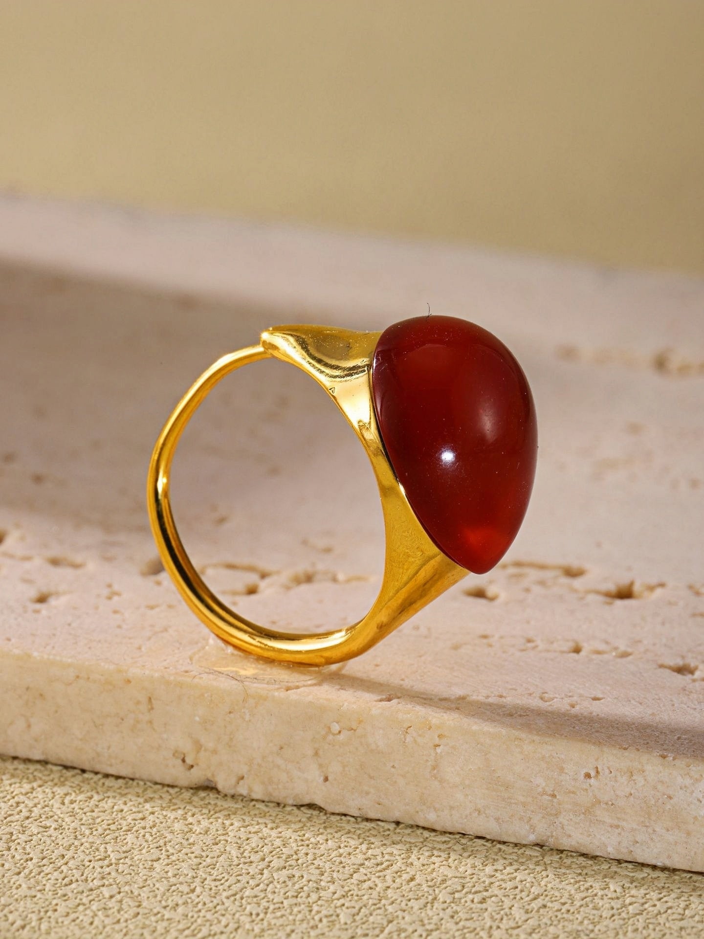 Stainless Steel Statement Ring with Teardrop Amber Resin - Modern Minimalist Band for Women - Size 7