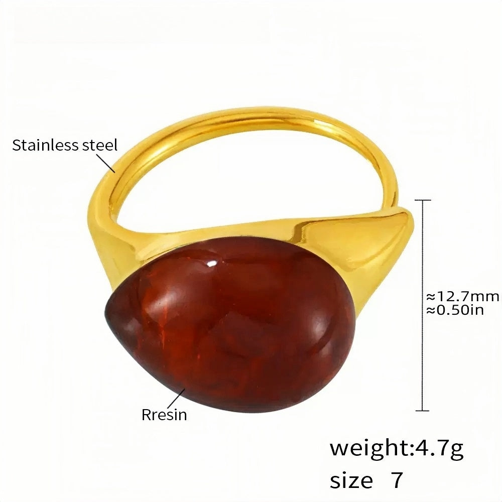 Stainless Steel Statement Ring with Teardrop Amber Resin - Modern Minimalist Band for Women - Size 7