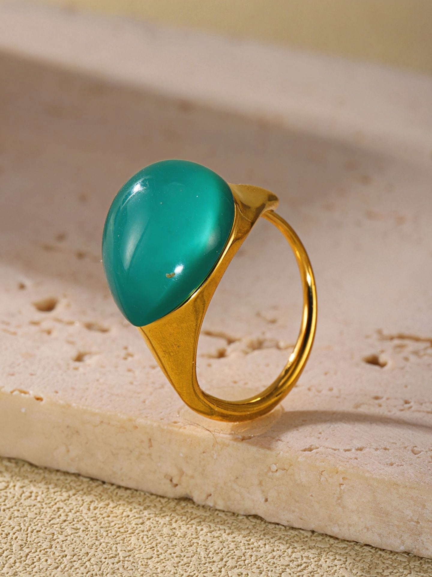 Stainless Steel Statement Ring with Teardrop Green Resin - Modern Minimalist Band for Women - Size 7
