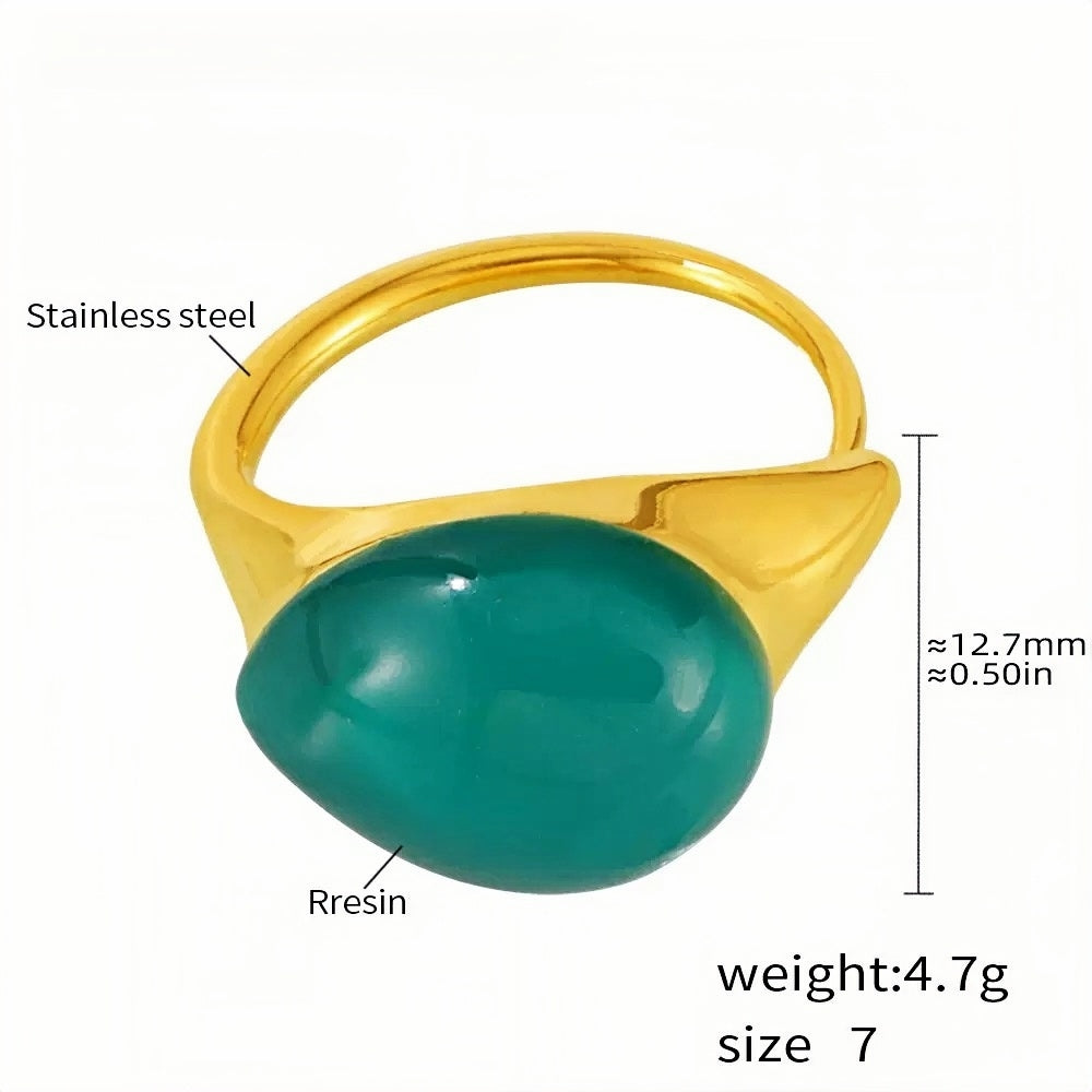 Stainless Steel Statement Ring with Teardrop Green Resin - Modern Minimalist Band for Women - Size 7