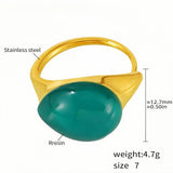 Stainless Steel Statement Ring with Teardrop Green Resin - Modern Minimalist Band for Women - Size 7