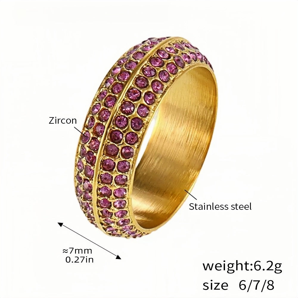 Uworld Stainless Steel Eternity Band with Pink Zircon - Stackable Beaded Ring for Women - Sizes 8