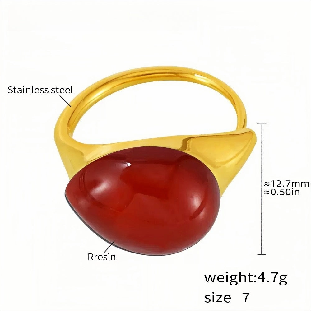 Stainless Steel Statement Ring with Teardrop Red Resin - Modern Minimalist Band for Women - Size 7