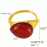 Stainless Steel Statement Ring with Teardrop Red Resin - Modern Minimalist Band for Women - Size 7