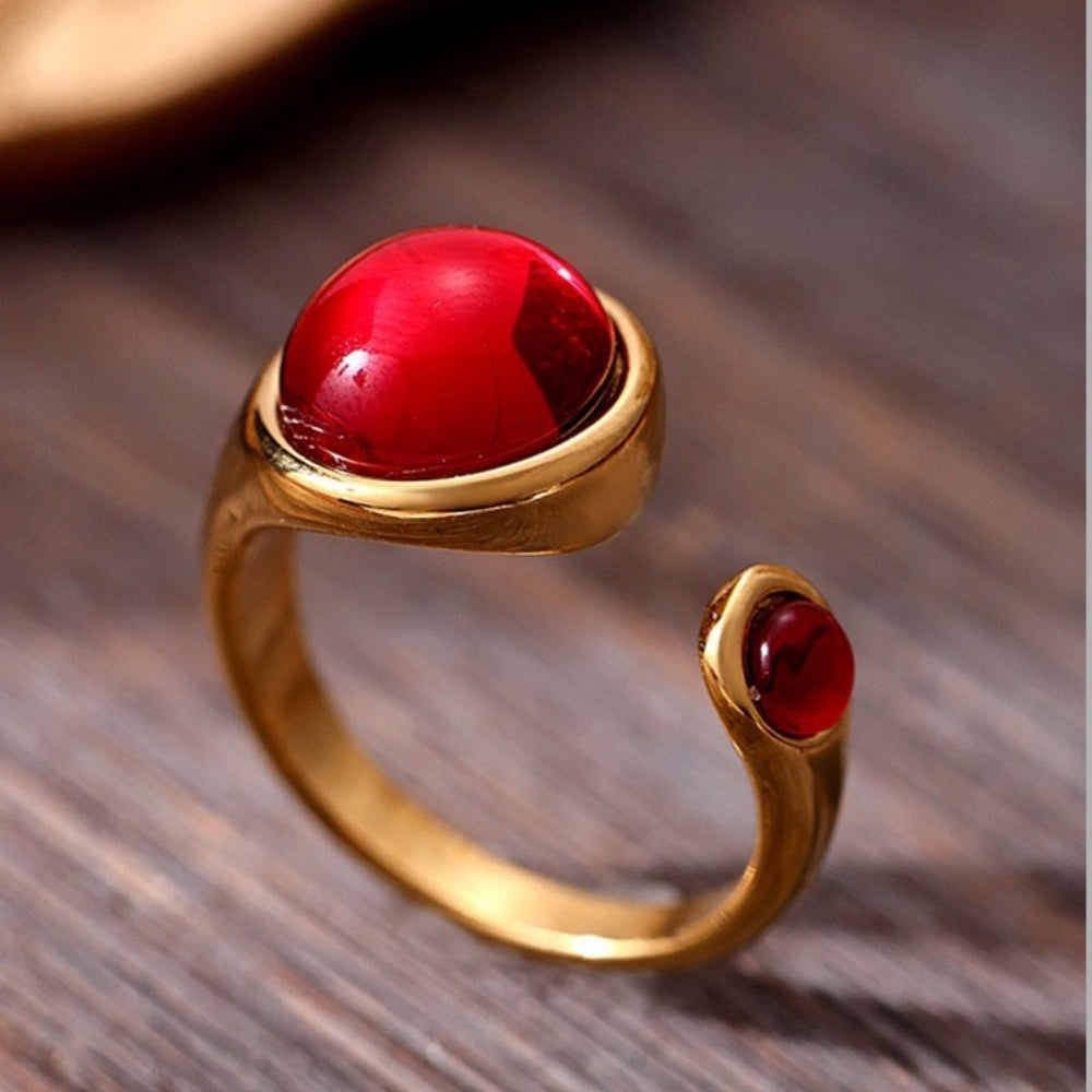 Vintage Garnet Statement Ring for Women Gold-Plated Stainless Steel Open Band, Retro Style, Size 7