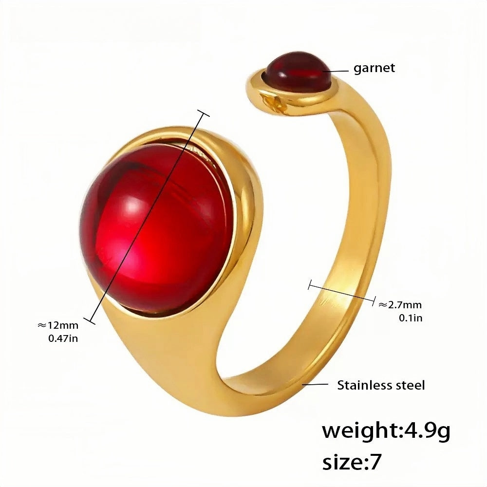 Vintage Garnet Statement Ring for Women Gold-Plated Stainless Steel Open Band, Retro Style, Size 7
