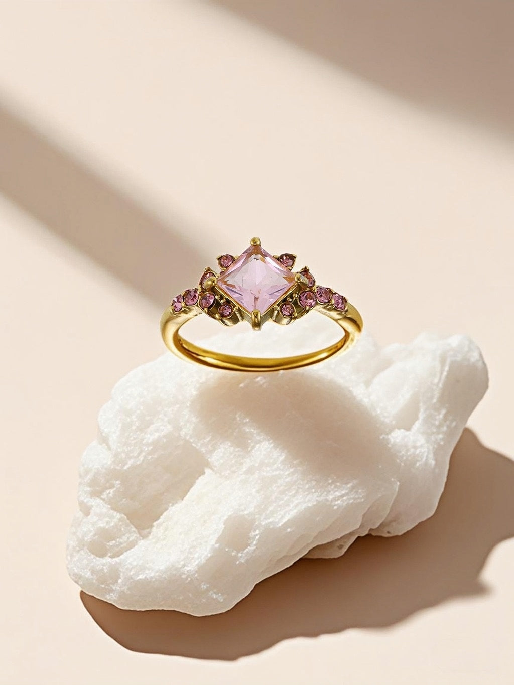 Stainless Steel Cocktail Ring with Square Pink Zircon and Accents - Elegant Statement Ring for Women - Size 7