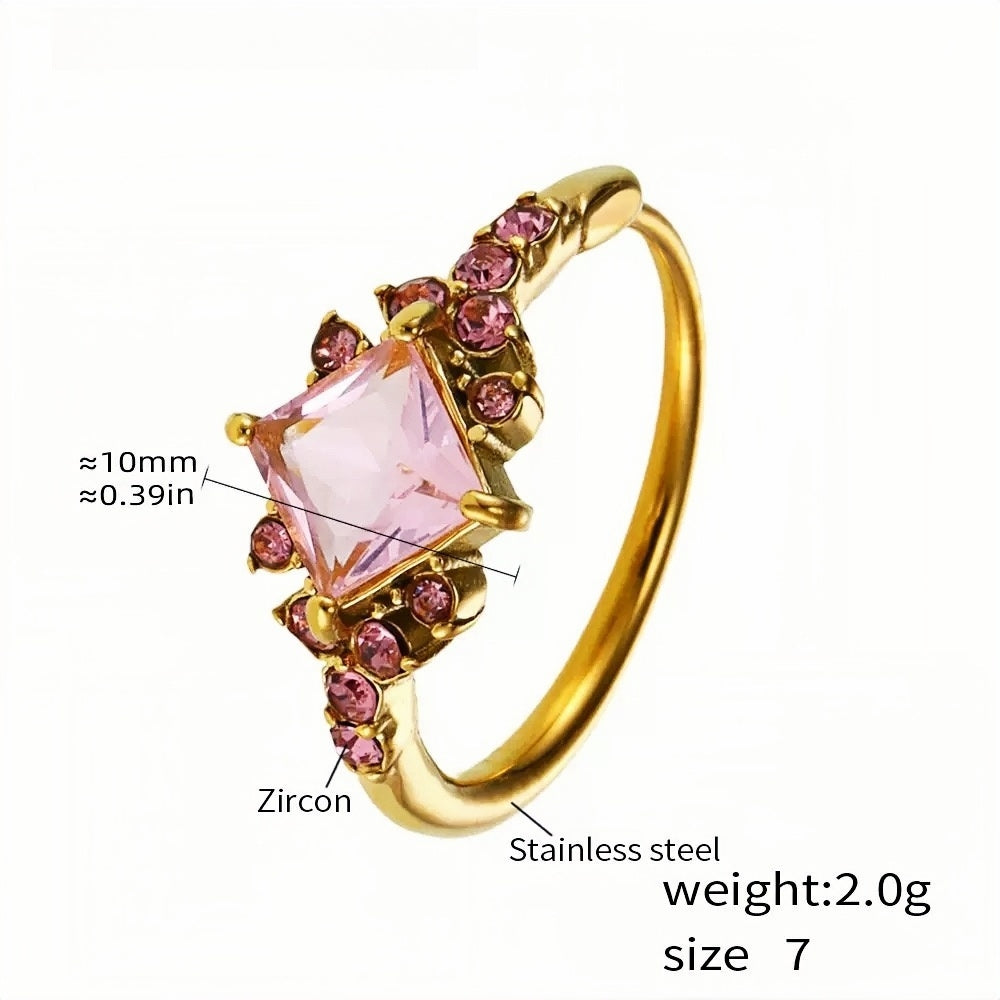 Stainless Steel Cocktail Ring with Square Pink Zircon and Accents - Elegant Statement Ring for Women - Size 7