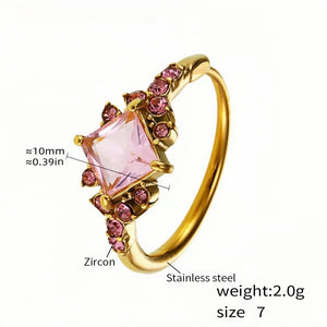 Stainless Steel Cocktail Ring with Square Pink Zircon and Accents - Elegant Statement Ring for Women - Size 7