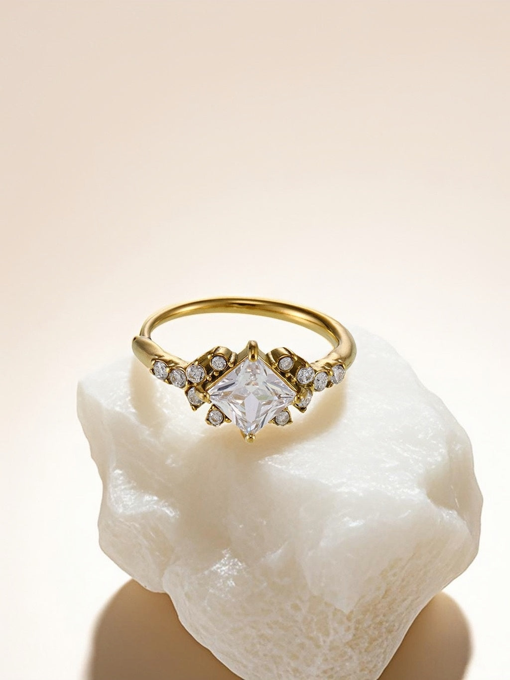 Stainless Steel Cocktail Ring with Square Clear Zircon and Accents - Elegant Statement Ring for Women - Size 7