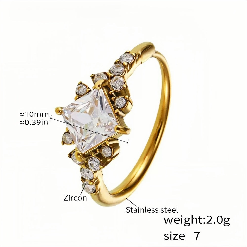 Stainless Steel Cocktail Ring with Square Clear Zircon and Accents - Elegant Statement Ring for Women - Size 7