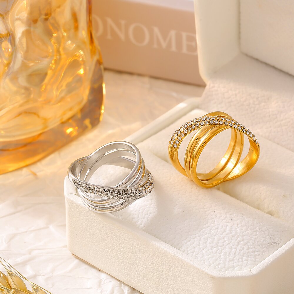 Gold Stainless Steel Crisscross Ring for Women Czech Diamond Accents, Elegant Design, Size 6