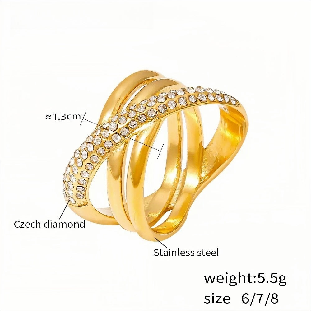 Gold Stainless Steel Crisscross Ring for Women Czech Diamond Accents, Elegant Design, Size 8